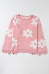 Pearl Trim Flower Round Neck Sweater - Trendsi