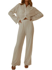 Collared Neck Long Sleeve Top and Pants Lounge Set - Trendsi