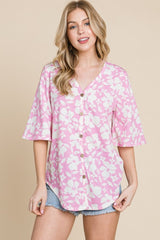 BOMBOM Floral Decorative Button V-Neck Top - Trendsi