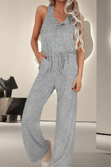 Drawstring Quarter Button Wide Strap Jumpsuit Trendsi