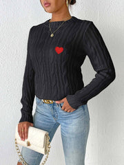 Cable-Knit Heart Round Neck Long Sleeve Sweater - Trendsi