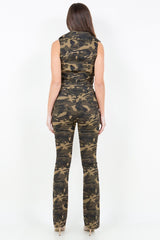 American Bazi V-Cut Ruched Camo Flare Pants - Trendsi