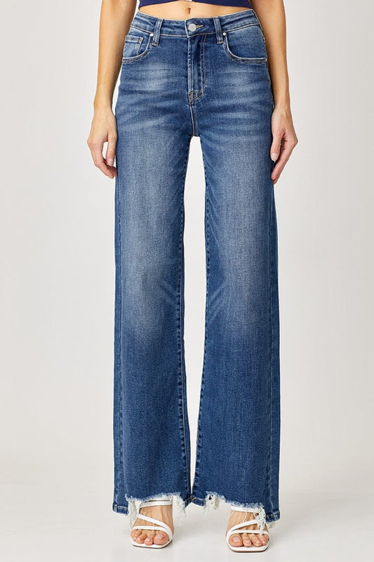 Risen Full Size High Rise Frayed Hem Wide Leg Jeans - Trendsi