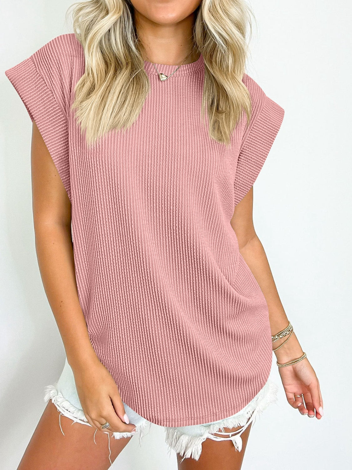 Textured Round Neck Cap Sleeve Blouse Trendsi