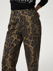 Leopard Straight Jeans with Pockets - Trendsi