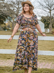 Plus Size Tie Neck Short Sleeve Top and Skirt Set Trendsi