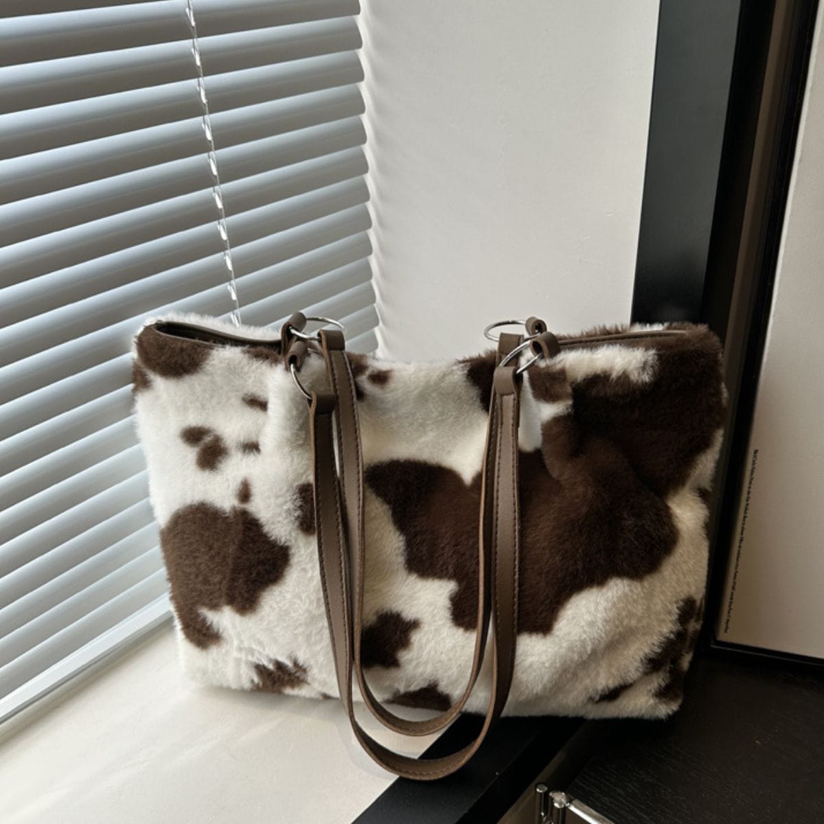 Cow Print Furry Tote Bag - Trendsi