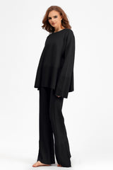 Basic Bae Slit Round Neck Long Sleeve Top and Drawstring Pants Sweater Set - Trendsi