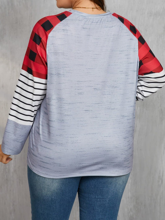 Plus Size Christmas Tree Plaid Round Neck Long Sleeve T-Shirt - Trendsi