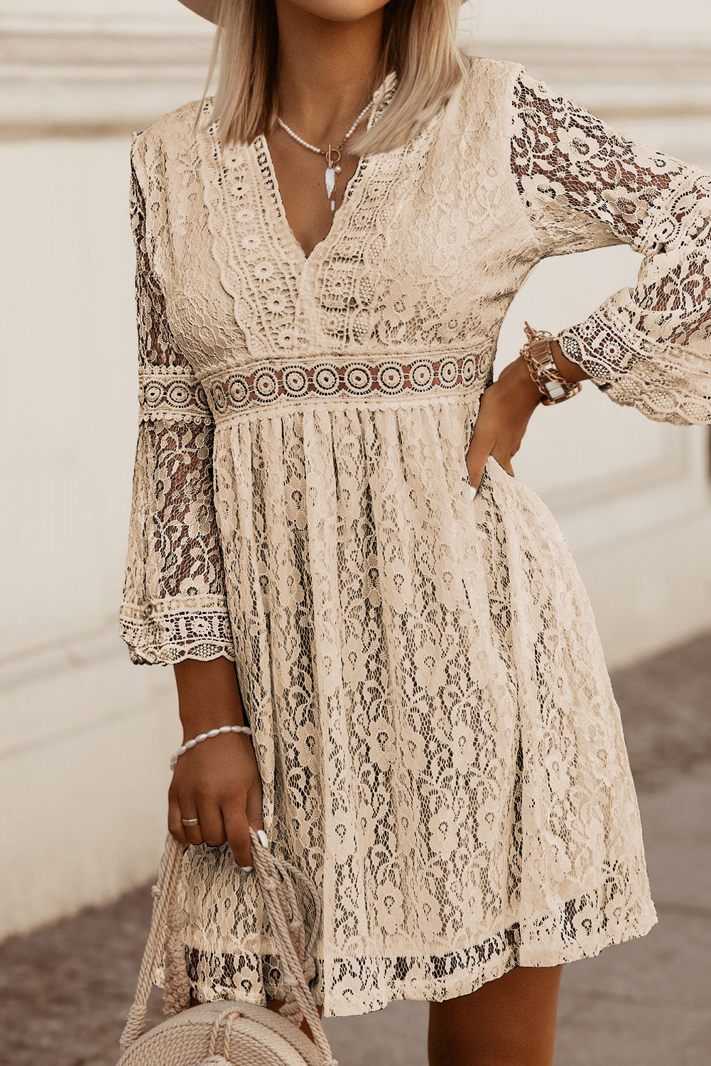 Lace V-Neck Three-Quarter Sleeve Dress - Flyclothing LLC