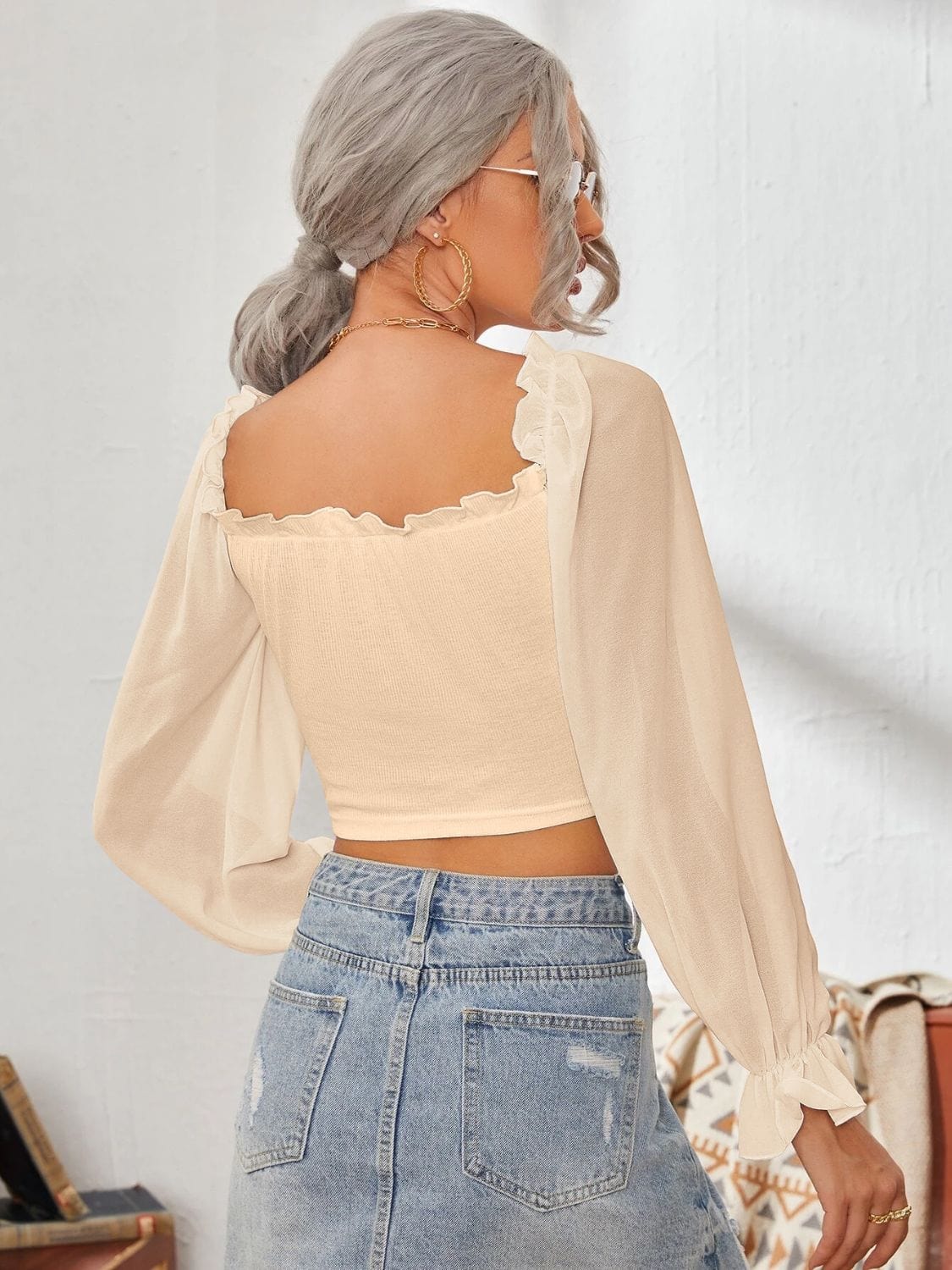 Mesh Sweetheart Neck Flounce Sleeve Top - Trendsi