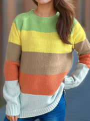 Color Block Round Neck Long Sleeve Sweater - Trendsi