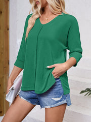 Textured Round Neck Three-Quarter Sleeve Blouse - Trendsi