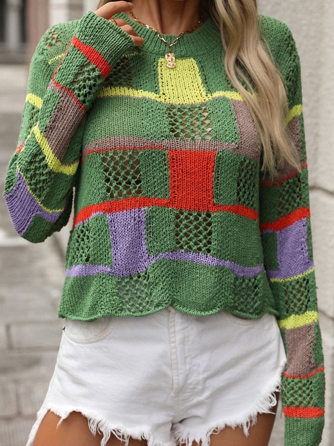 Openwork Color Block Round Neck Sweater - Trendsi