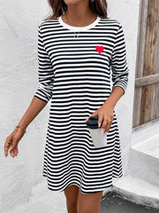 Heart Striped Round Neck Long Sleeve Mini Tee Dress - Trendsi