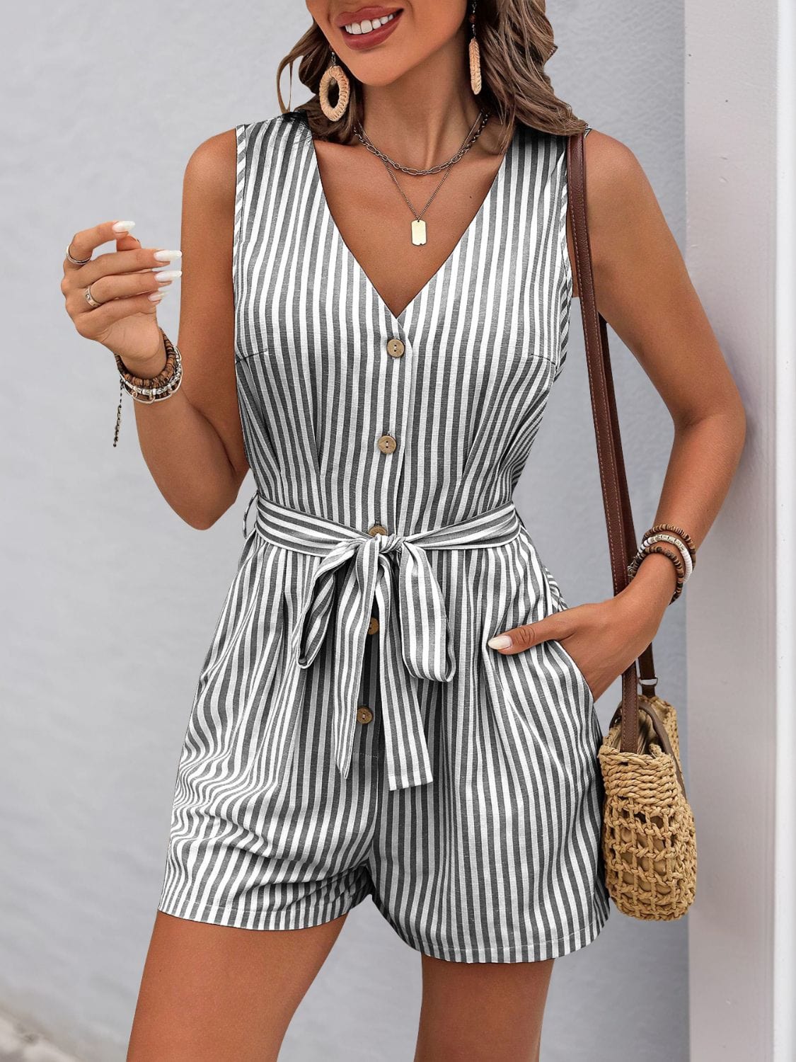 Perfee Striped V-Neck Tie Waist Romper - Trendsi