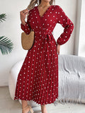 Tied Polka Dot Long Sleeve Midi Dress