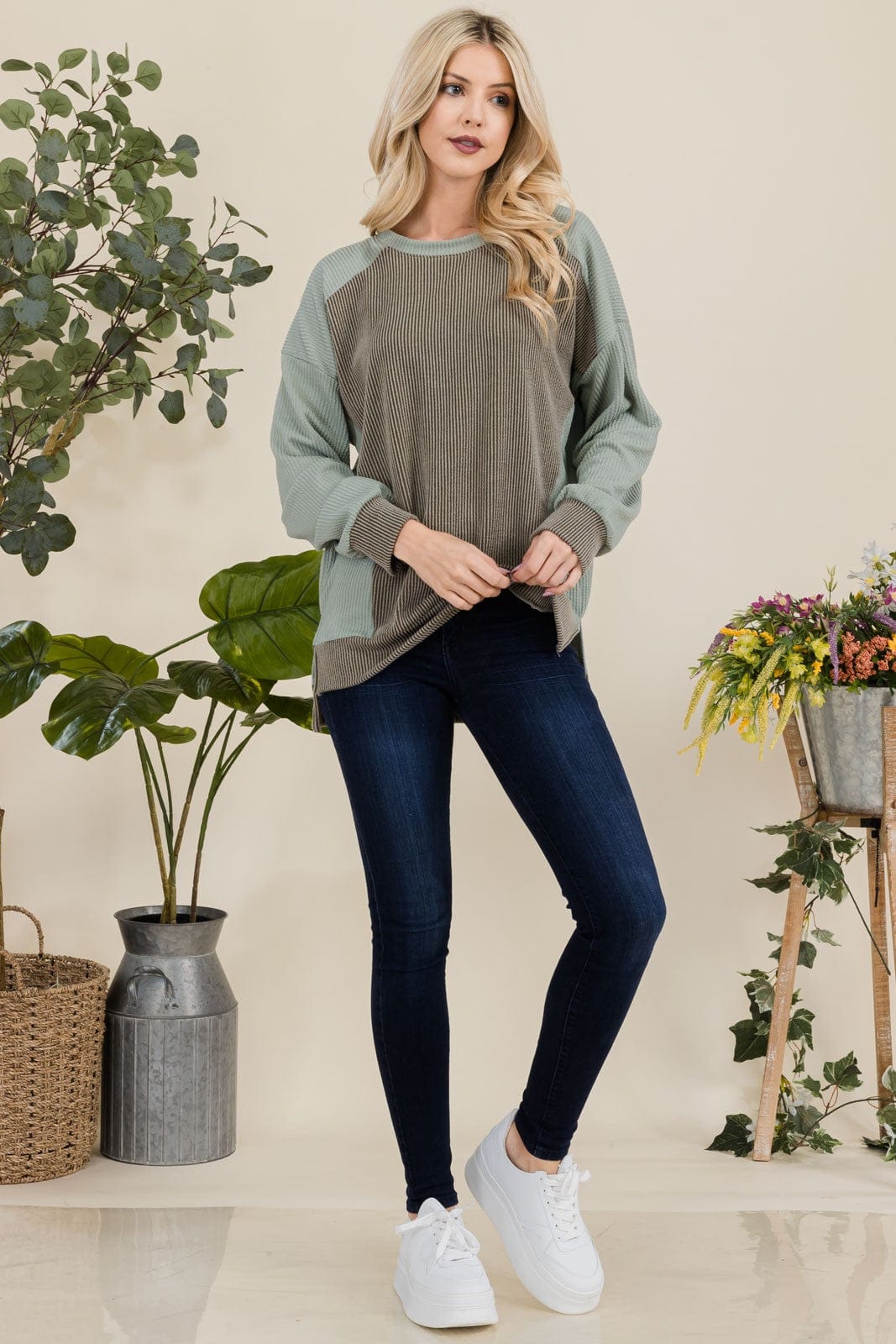 Celeste Full Size High-Low Contrast Round Neck Sweatshirt - Trendsi