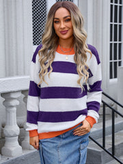 Contrast Striped Round Neck Sweater - Trendsi