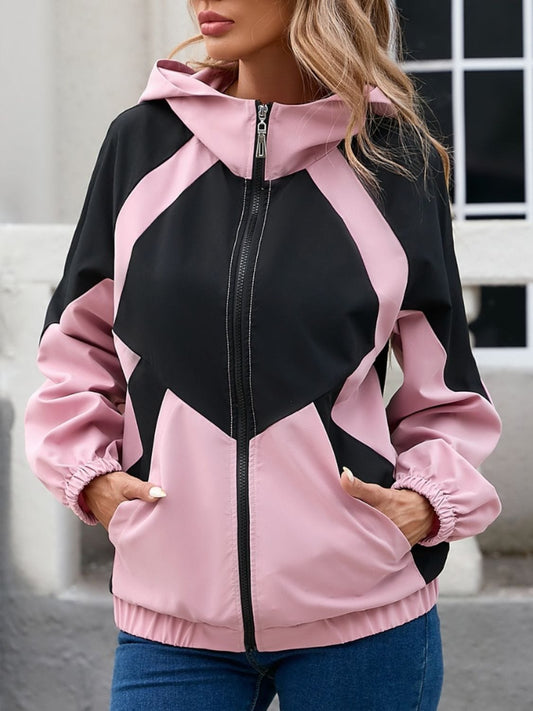 Contrast Zip Up Long Sleeve Hooded Jacket - Trendsi