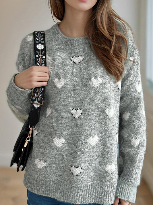 Heart Round Neck Long Sleeve Sweater - Trendsi