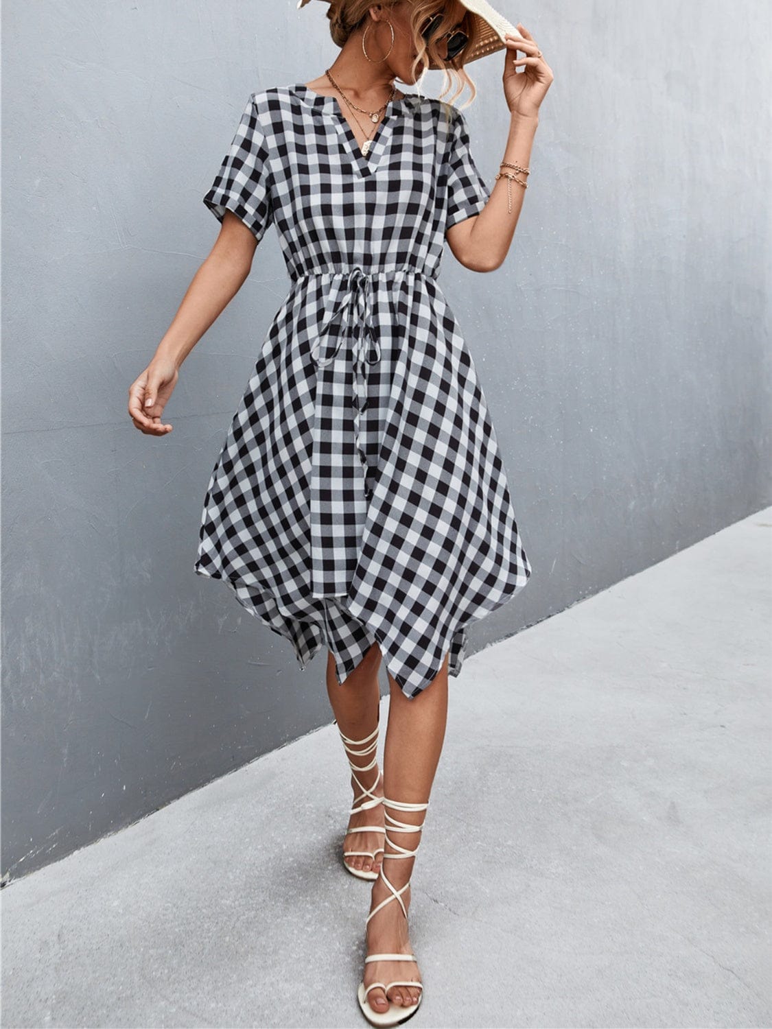 Plaid Notched Short Sleeve Dress - Trendsi