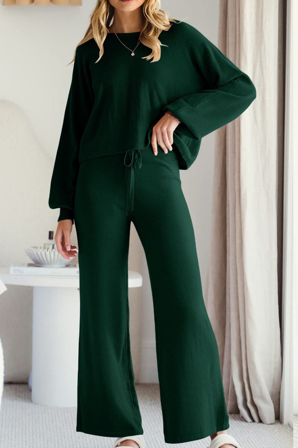 Round Neck Long Sleeve Top and Pants Set