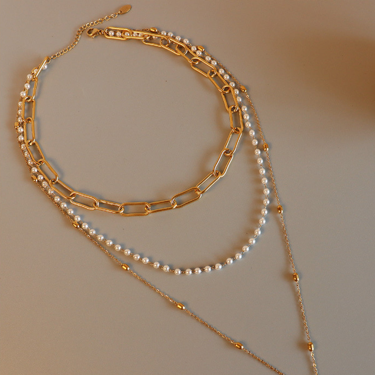 Synthetic Pearl Titanium Steel Three-Layered Necklace - Trendsi