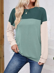 Color Block Round Neck Long Sleeve Sweatshirt - Trendsi