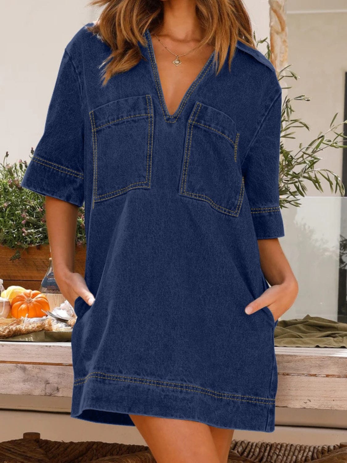 Johnny Collar Half Sleeve Denim Dress - Trendsi