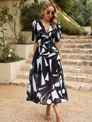 Smocked Printed V-Neck Half Sleeve Midi Dress