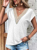 Eyelet V-Neck Cap Sleeve Blouse - Flyclothing LLC