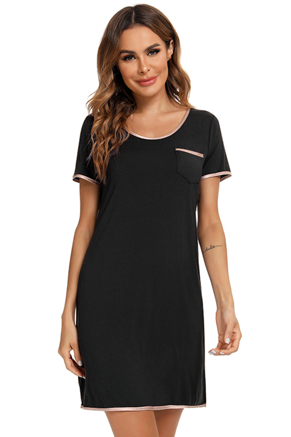 Contrast Trim Pocketed Round Neck Lounge Dress - Flyclothing LLC