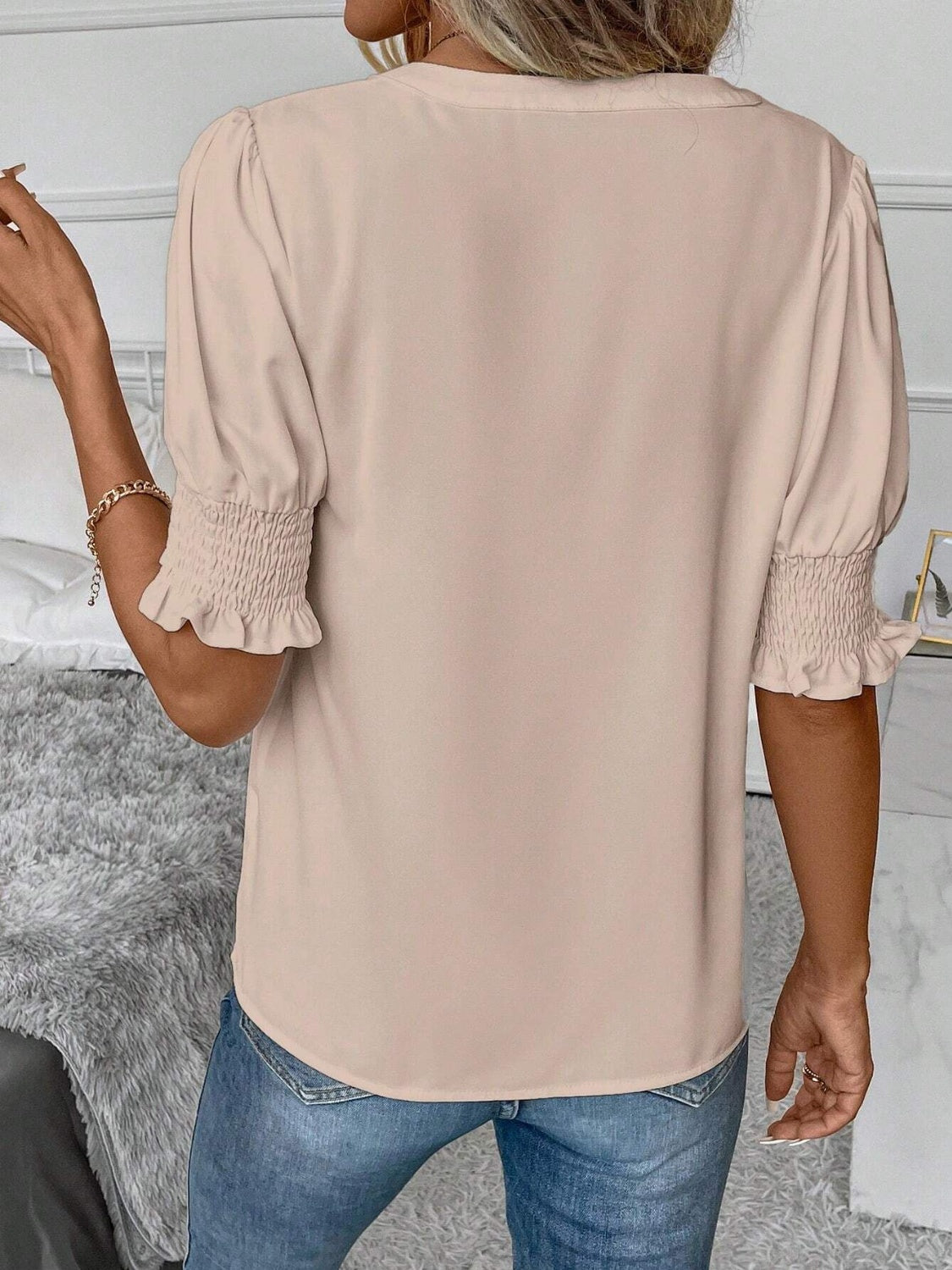 Notched Short Sleeve Blouse Trendsi