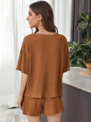 Full Size Waffle-Knit Dropped Shoulder Top and Shorts Set - Trendsi