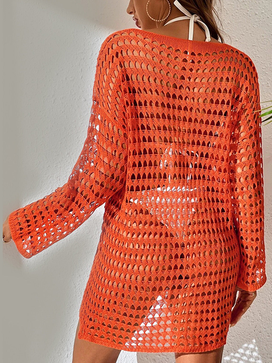 Openwork Boat Neck Long Sleeve Cover-Up - Flyclothing LLC