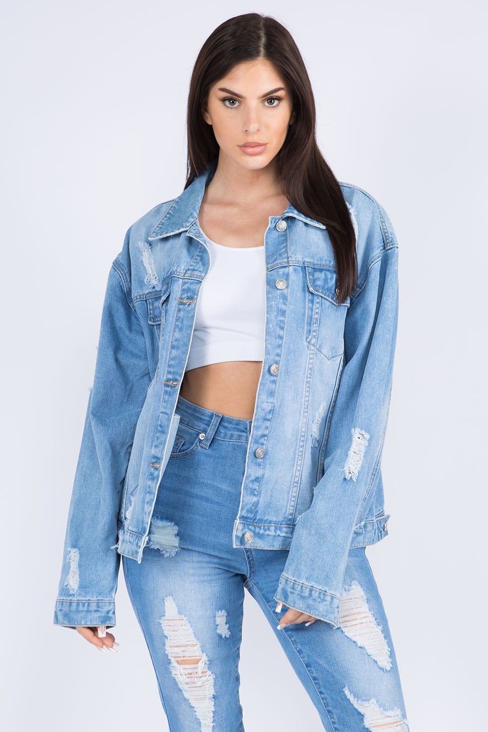 American Bazi Full Size Painted Back Distressed Denim Jacket - Trendsi