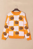 Pumpkin Checkered Round Neck Long Sleeve Sweater - Trendsi