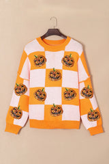 Pumpkin Checkered Round Neck Long Sleeve Sweater