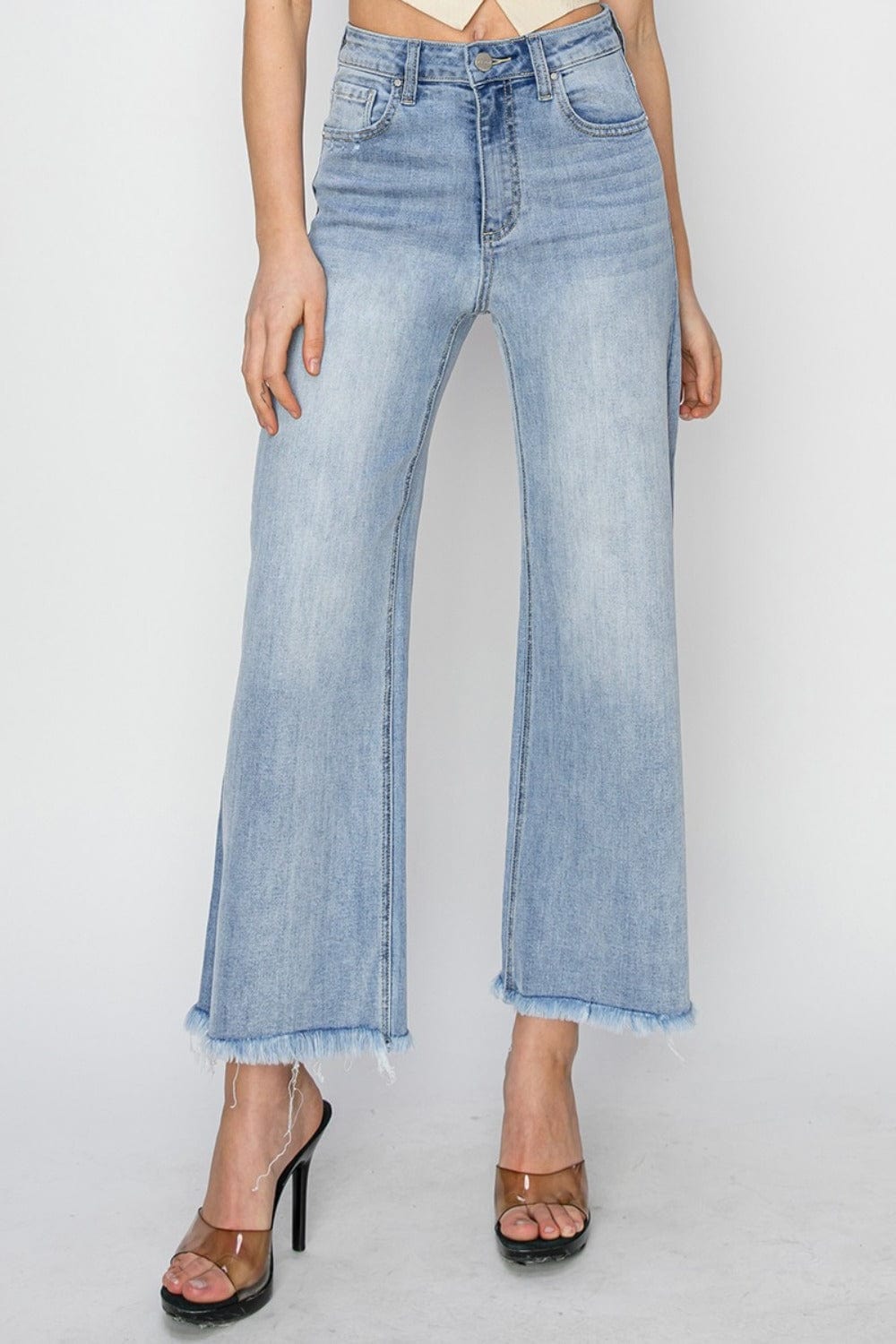 RISEN High Rise Crop Wide Fray Hem Jeans - Trendsi