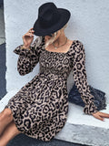 Leopard Smocked Flounce Sleeve Mini Dress - Trendsi