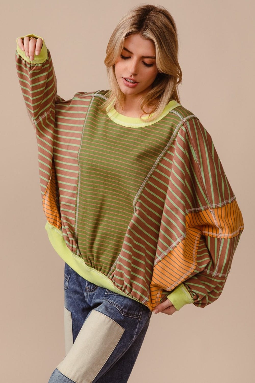 BiBi Color Block Striped Round Neck Sweatshirt - Trendsi