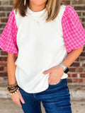 Houndstooth Round Neck Short Sleeve Blouse - Flyclothing LLC