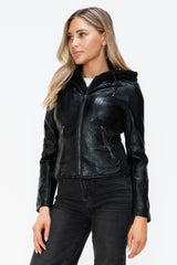 Snobbish Faux Leather Zip Up Drawstring Hooded Jacket