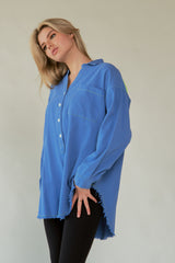 Davi & Dani Letter Back Raw Hem Half Button Shirt - Trendsi