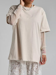 Faux Layered Round Neck Mesh Sleeve Top - Trendsi