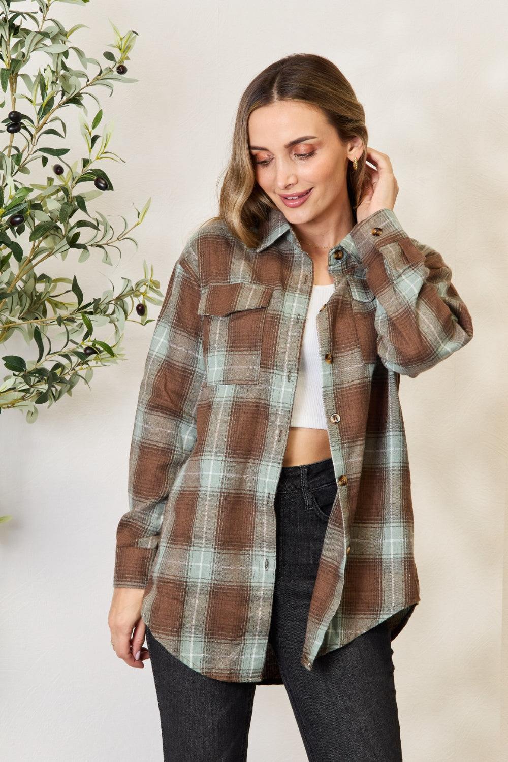 Double Take Plaid Dropped Shoulder Shirt - Flyclothing LLC