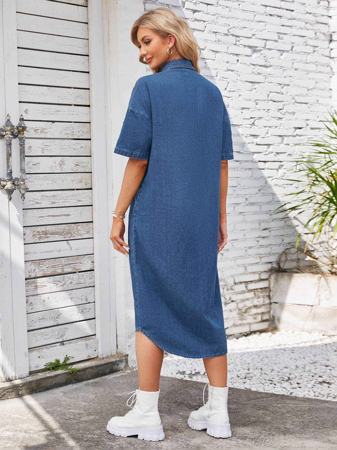 Button Up Dropped Shoulder Denim Dress - Flyclothing LLC