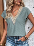 Eyelet V-Neck Cap Sleeve Blouse - Flyclothing LLC