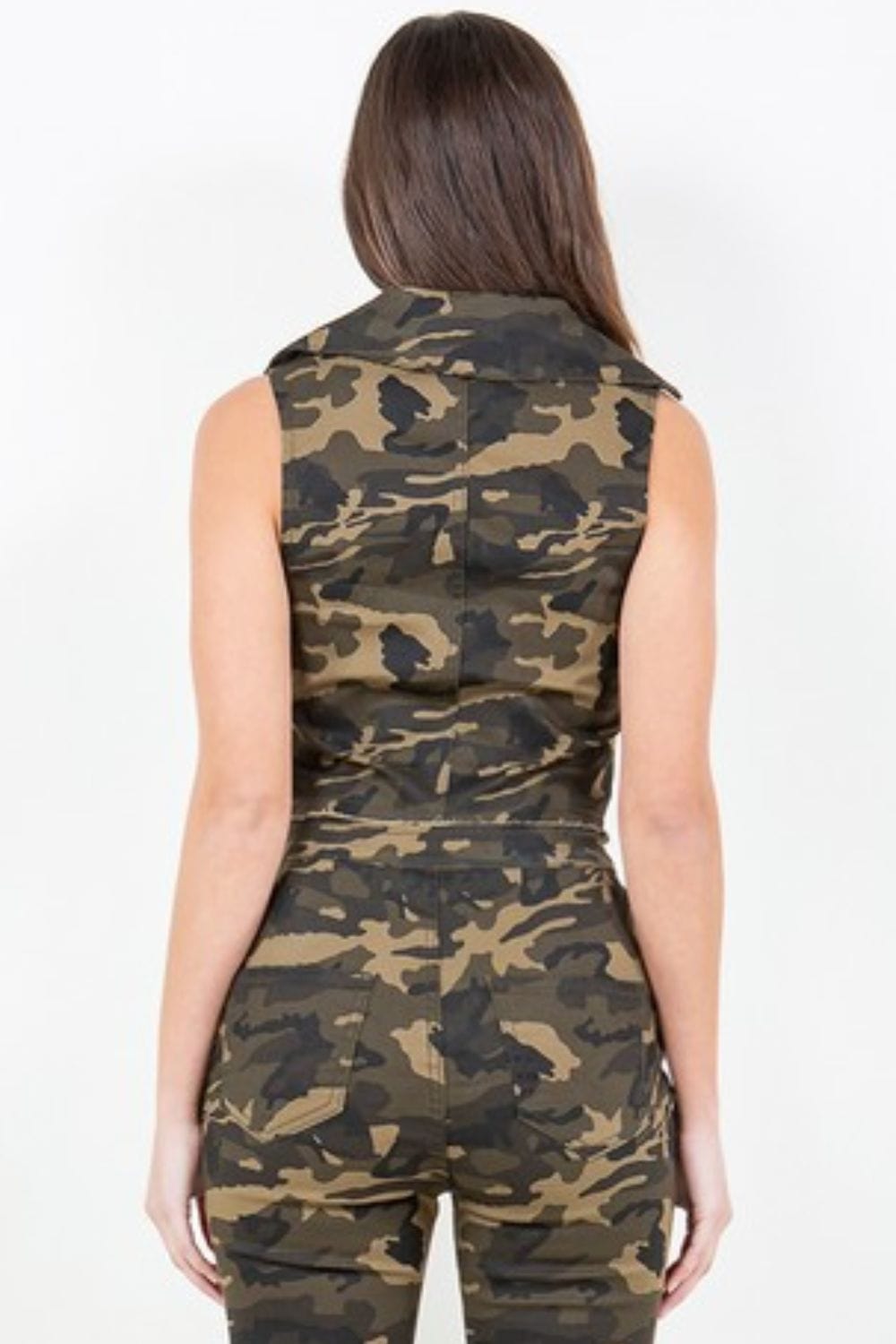 American Bazi Zip Up Camo Crop Denim Vest - Trendsi